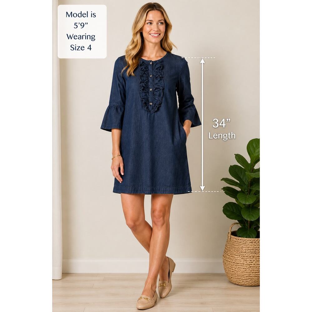 Draper James Blue Cotton Chambray Ruffle Shift Dress Women’s Sz 4 Bell Sleeve